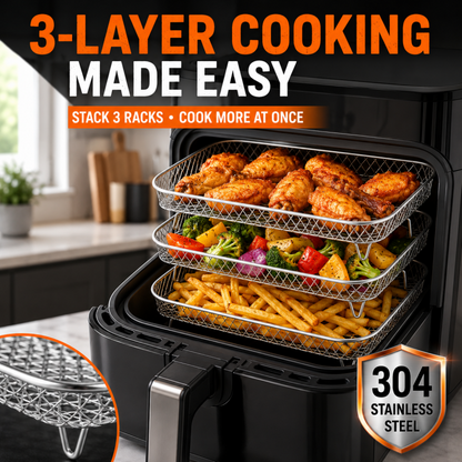 🔥-50% DE RÉDUCTION✨Grille 3 niveaux inox 304🍟Empilable, accessoire friteuse air pour ailes et pain grillé