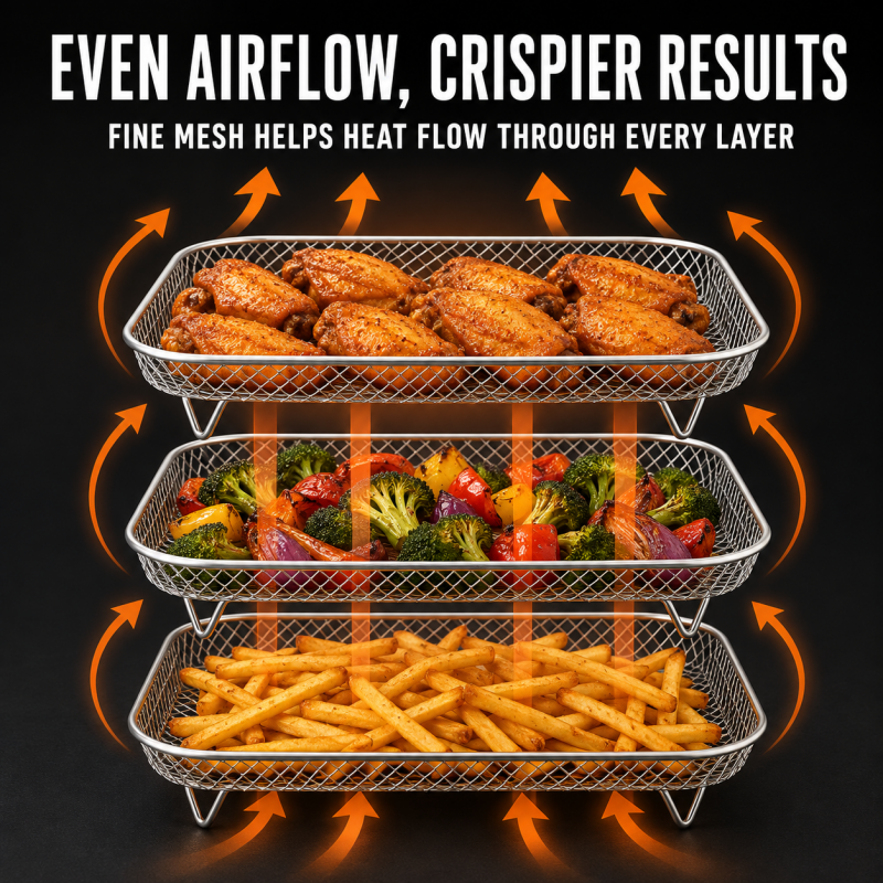 🔥-50% DE RÉDUCTION✨Grille 3 niveaux inox 304🍟Empilable, accessoire friteuse air pour ailes et pain grillé