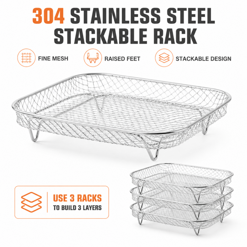 🔥-50% DE RÉDUCTION✨Grille 3 niveaux inox 304🍟Empilable, accessoire friteuse air pour ailes et pain grillé