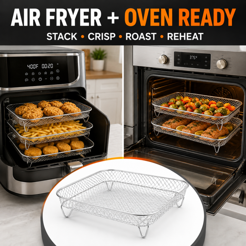 🔥-50% DE RÉDUCTION✨Grille 3 niveaux inox 304🍟Empilable, accessoire friteuse air pour ailes et pain grillé