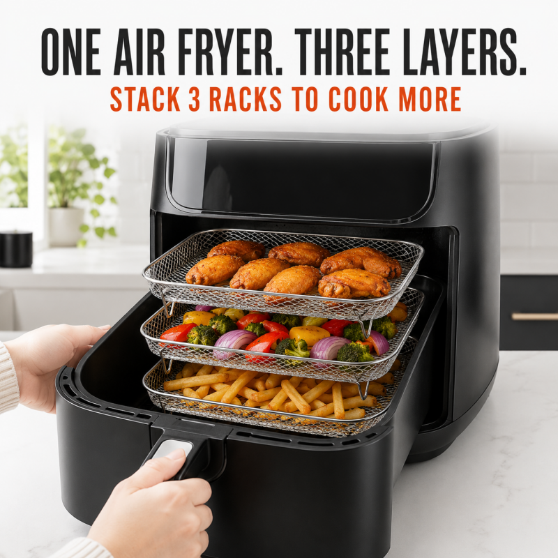 🔥-50% DE RÉDUCTION✨Grille 3 niveaux inox 304🍟Empilable, accessoire friteuse air pour ailes et pain grillé