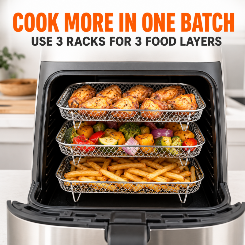 🔥-50% DE RÉDUCTION✨Grille 3 niveaux inox 304🍟Empilable, accessoire friteuse air pour ailes et pain grillé