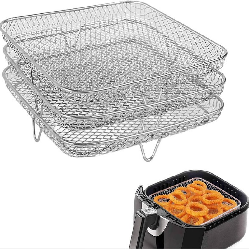 🔥-50% DE RÉDUCTION✨Grille 3 niveaux inox 304🍟Empilable, accessoire friteuse air pour ailes et pain grillé