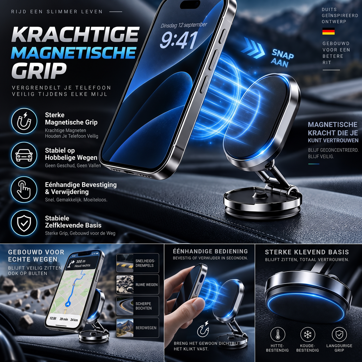 Support magnétique de téléphone de voiture rotatif et pliable
