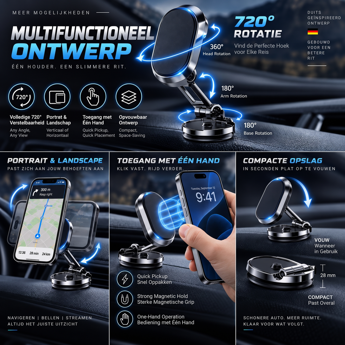 Support magnétique de téléphone de voiture rotatif et pliable