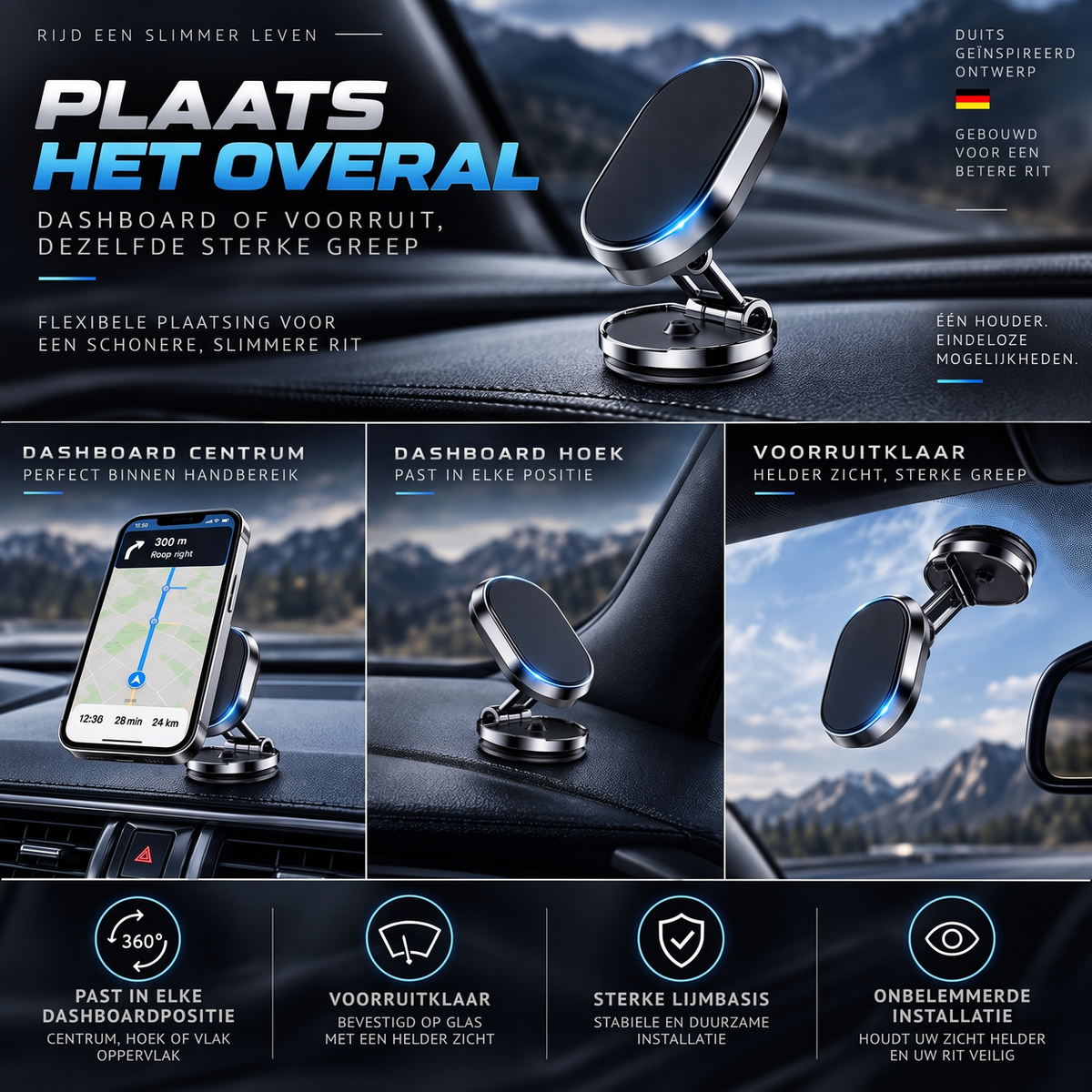 Support magnétique de téléphone de voiture rotatif et pliable