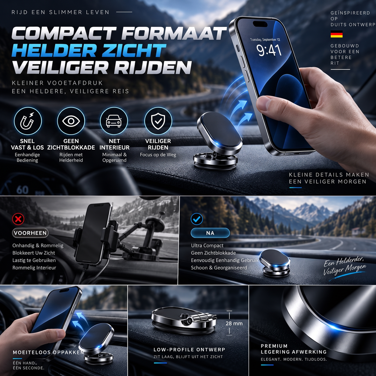 Support magnétique de téléphone de voiture rotatif et pliable