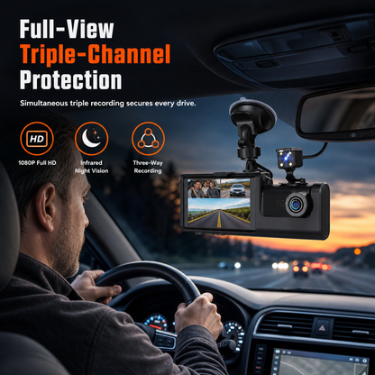 Caméra de tableau de bord de voiture HD 1080p à 3 canaux