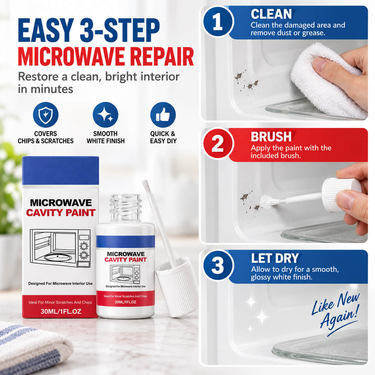 🔥 50% DE RÉDUCTION ! ✨Peinture pour cavité de micro-ondes – Peinture de réparation blanche ultra-brillante pour l'intérieur des micro-ondes, avec pinceau intégré
