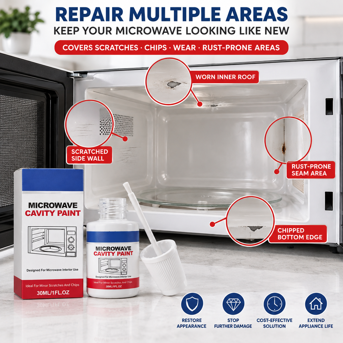 🔥 50% DE RÉDUCTION ! ✨Peinture pour cavité de micro-ondes – Peinture de réparation blanche ultra-brillante pour l'intérieur des micro-ondes, avec pinceau intégré