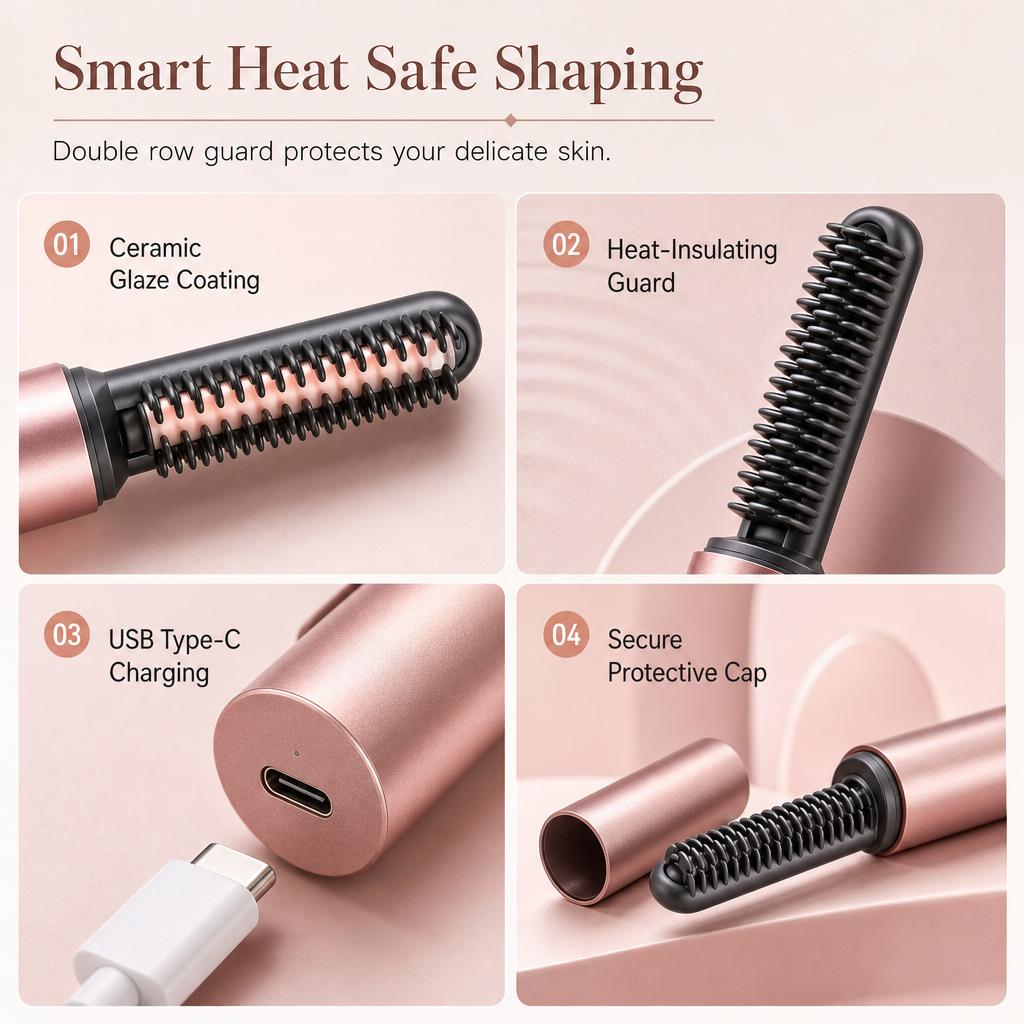 Mini-brosse lissante sans fil chauffante, peigne coiffant portable et rechargeable pour la frange et pour donner du volume