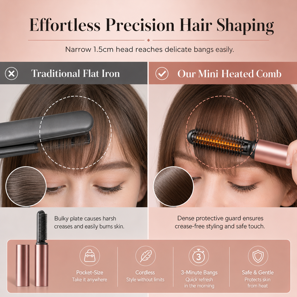 Mini-brosse lissante sans fil chauffante, peigne coiffant portable et rechargeable pour la frange et pour donner du volume