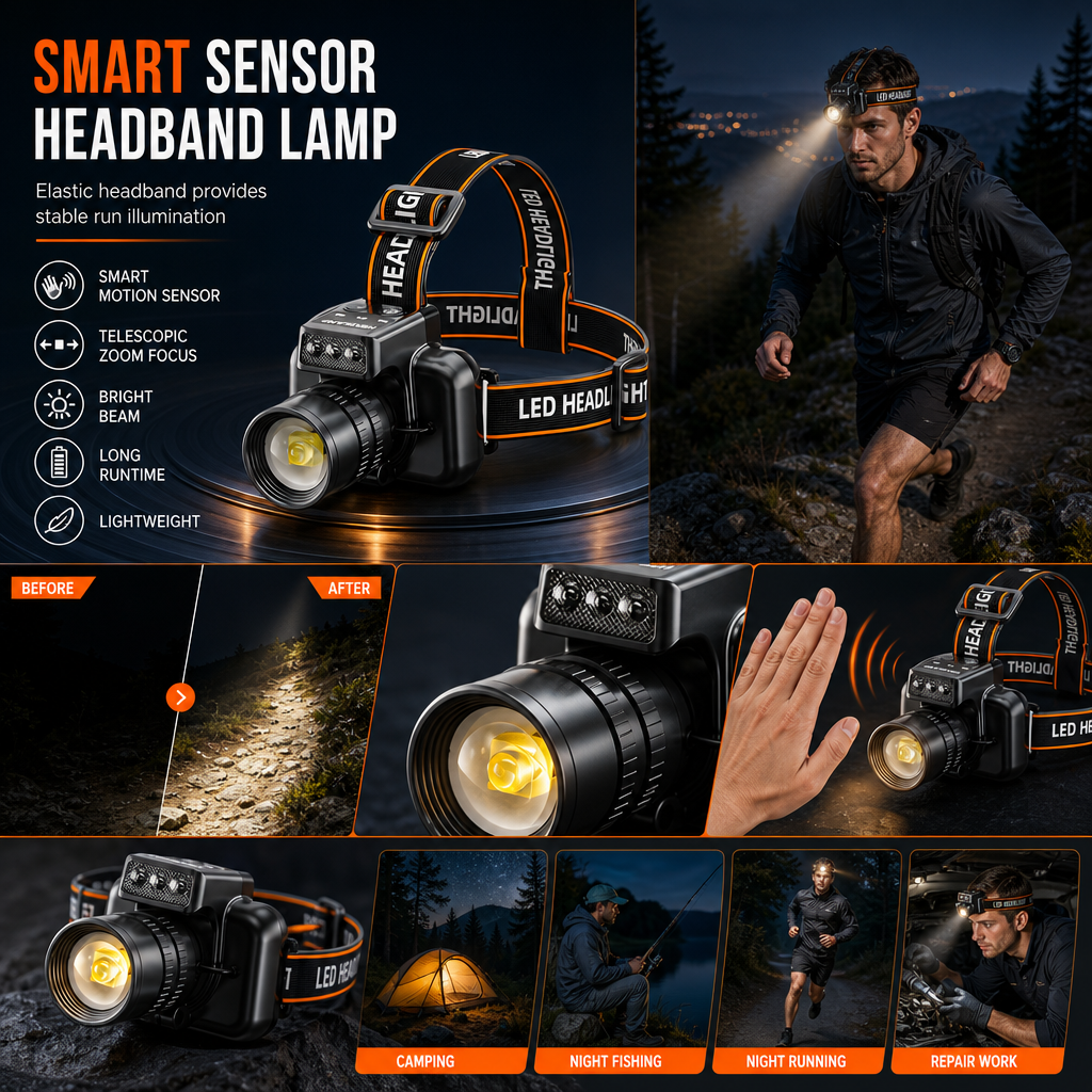 Lampe frontale rechargeable ultra-lumineuse avec capteur de mouvement, zoom et longue autonomie, idéale pour la pêche et l'alpinisme en extérieur.