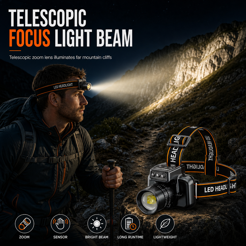 Lampe frontale rechargeable ultra-lumineuse avec capteur de mouvement, zoom et longue autonomie, idéale pour la pêche et l'alpinisme en extérieur.