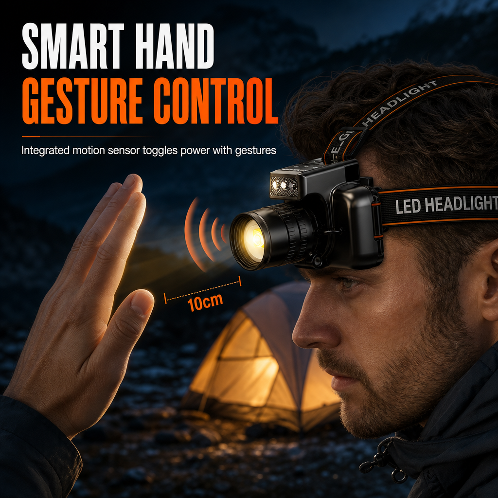 Lampe frontale rechargeable ultra-lumineuse avec capteur de mouvement, zoom et longue autonomie, idéale pour la pêche et l'alpinisme en extérieur.