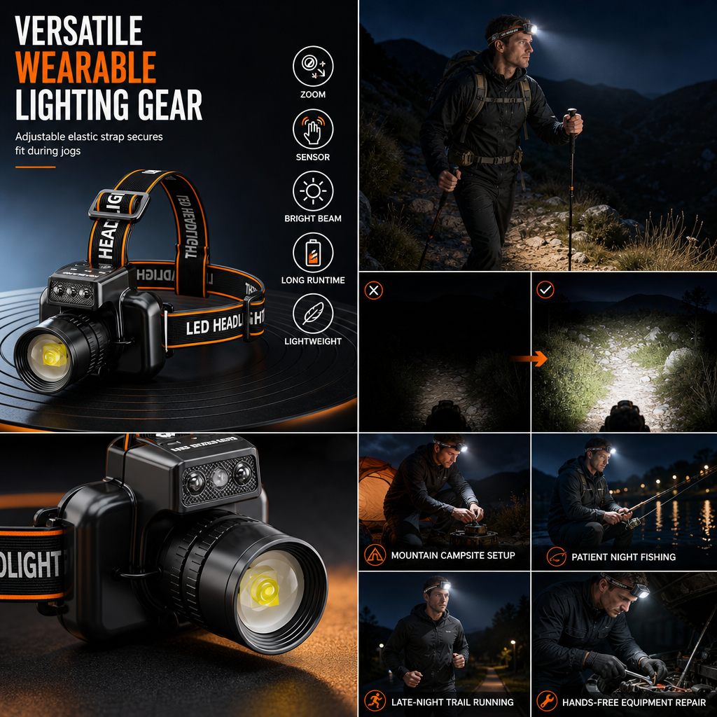Lampe frontale rechargeable ultra-lumineuse avec capteur de mouvement, zoom et longue autonomie, idéale pour la pêche et l'alpinisme en extérieur.
