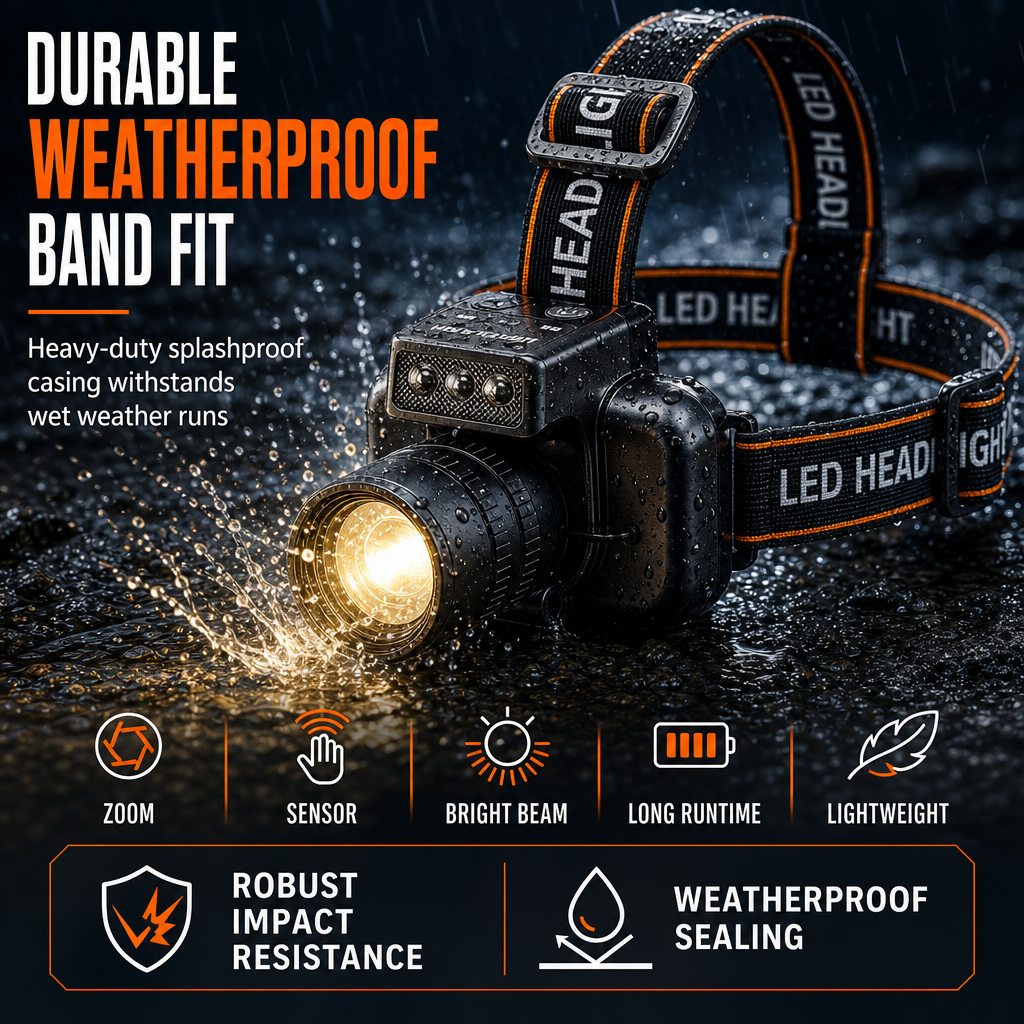 Lampe frontale rechargeable ultra-lumineuse avec capteur de mouvement, zoom et longue autonomie, idéale pour la pêche et l'alpinisme en extérieur.