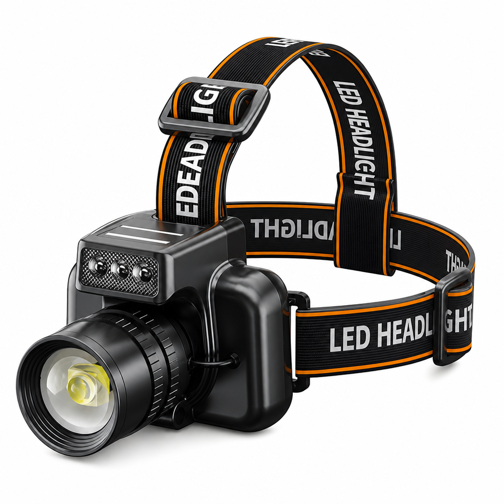 Lampe frontale rechargeable ultra-lumineuse avec capteur de mouvement, zoom et longue autonomie, idéale pour la pêche et l'alpinisme en extérieur.