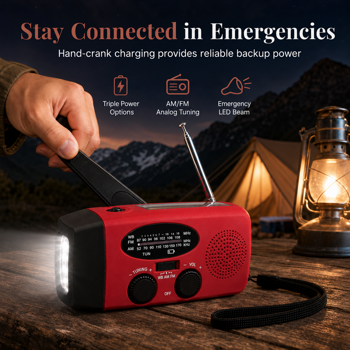 📻 Radio solaire d'urgence à manivelle – AM/FM et alertes météo NOAA