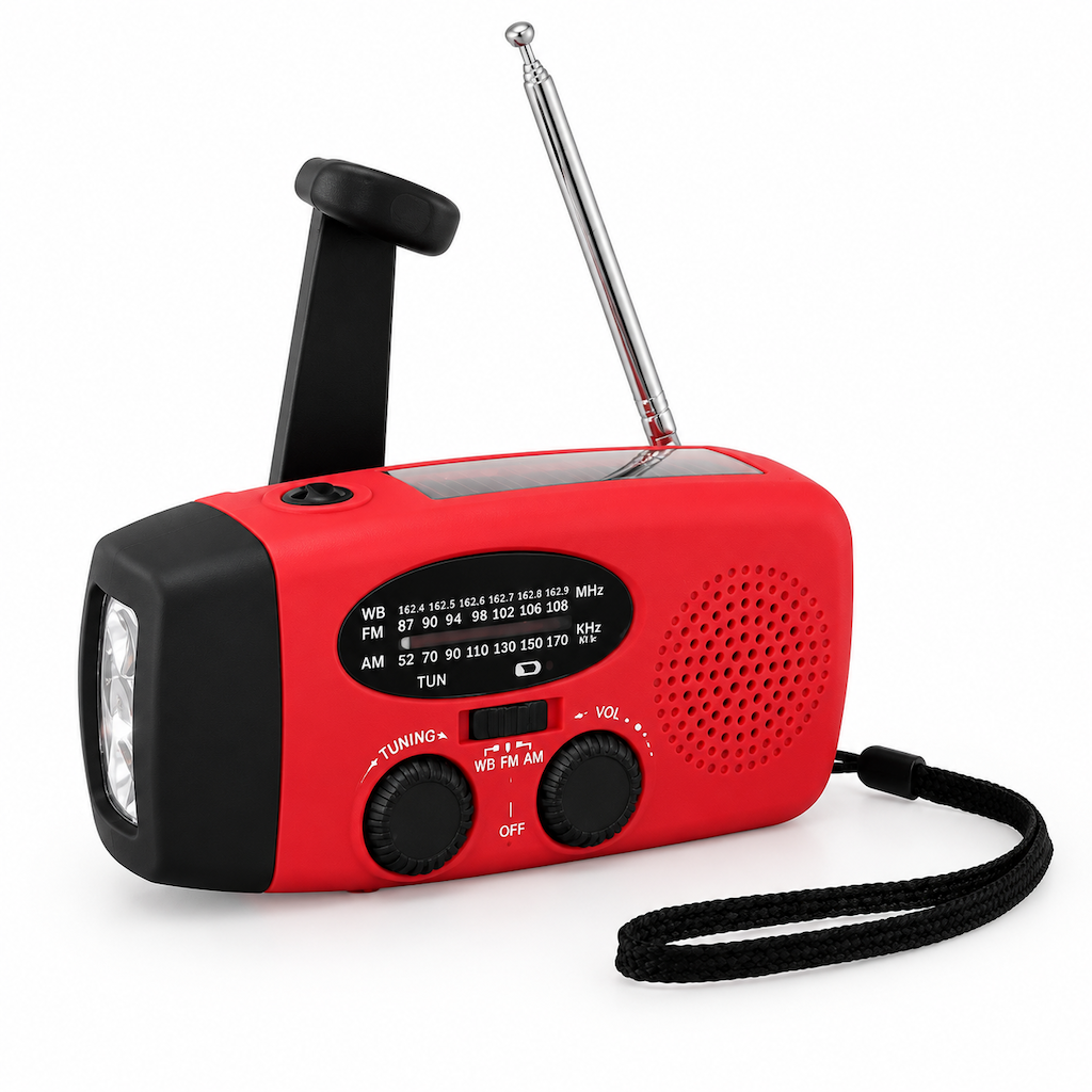 📻 Radio solaire d'urgence à manivelle – AM/FM et alertes météo NOAA