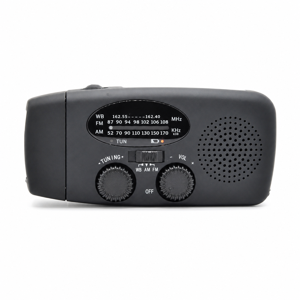 📻 Radio solaire d'urgence à manivelle – AM/FM et alertes météo NOAA