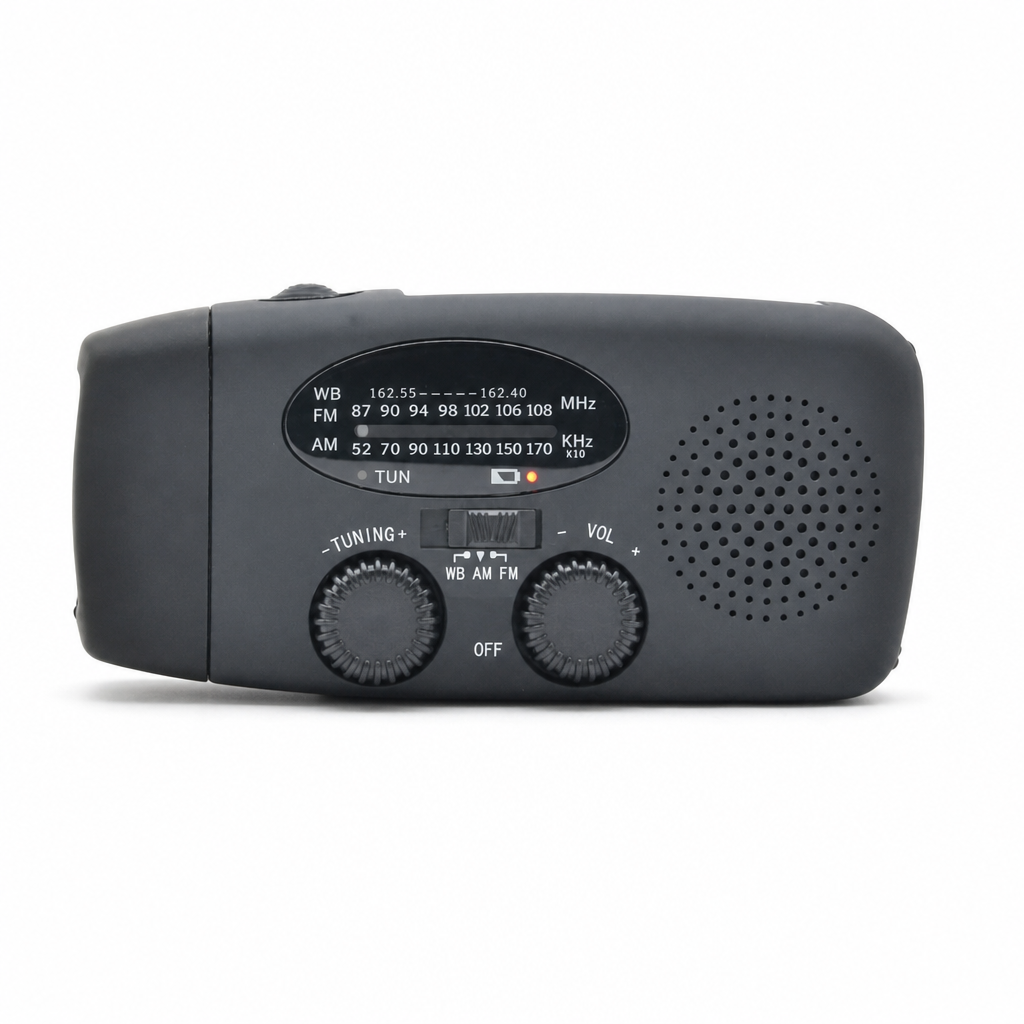 📻 Radio solaire d'urgence à manivelle – AM/FM et alertes météo NOAA