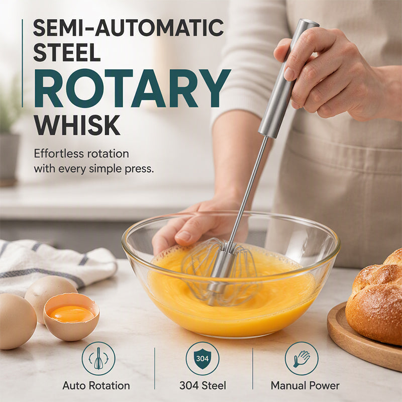 🥣 Fouet rotatif semi-automatique en acier inoxydable – Mélange rapide et sans effort, d'une simple pression ✨