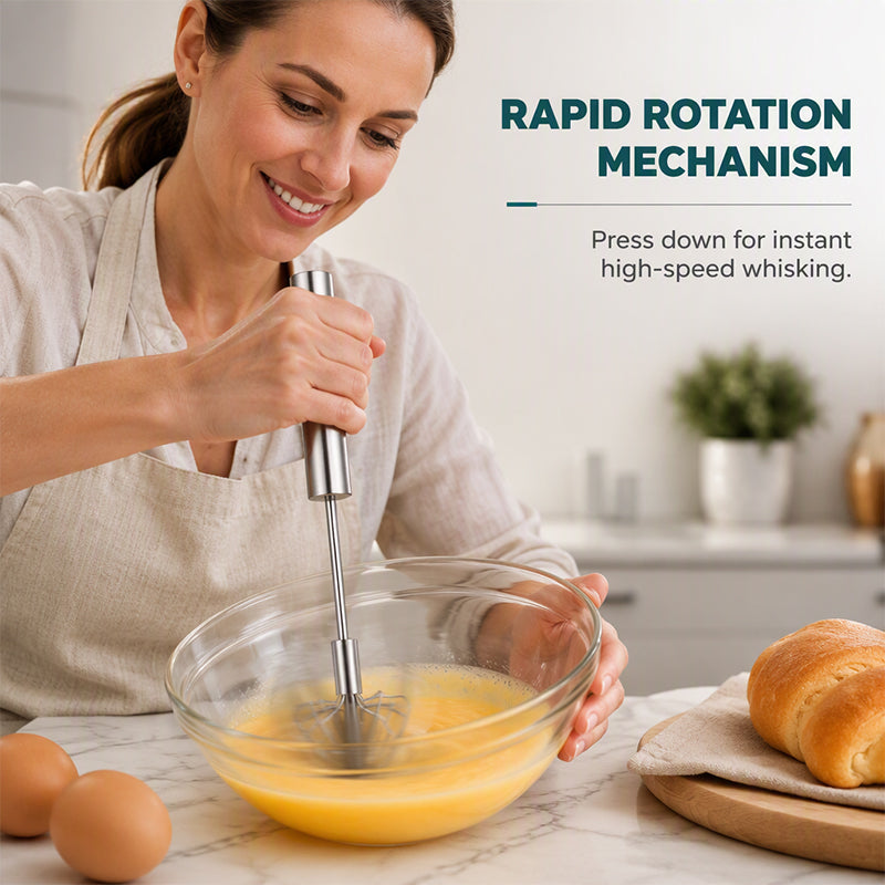🥣 Fouet rotatif semi-automatique en acier inoxydable – Mélange rapide et sans effort, d'une simple pression ✨