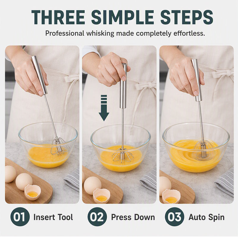 🥣 Fouet rotatif semi-automatique en acier inoxydable – Mélange rapide et sans effort, d'une simple pression ✨