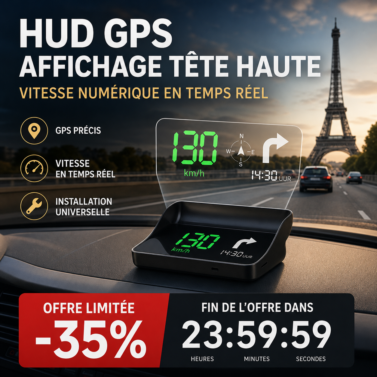 🚗🛰️ Affichage tête haute (HUD) et compteur de vitesse GPS numérique pour voiture – gardez les yeux sur la route, évitez les amendes. 50 % de réduction !