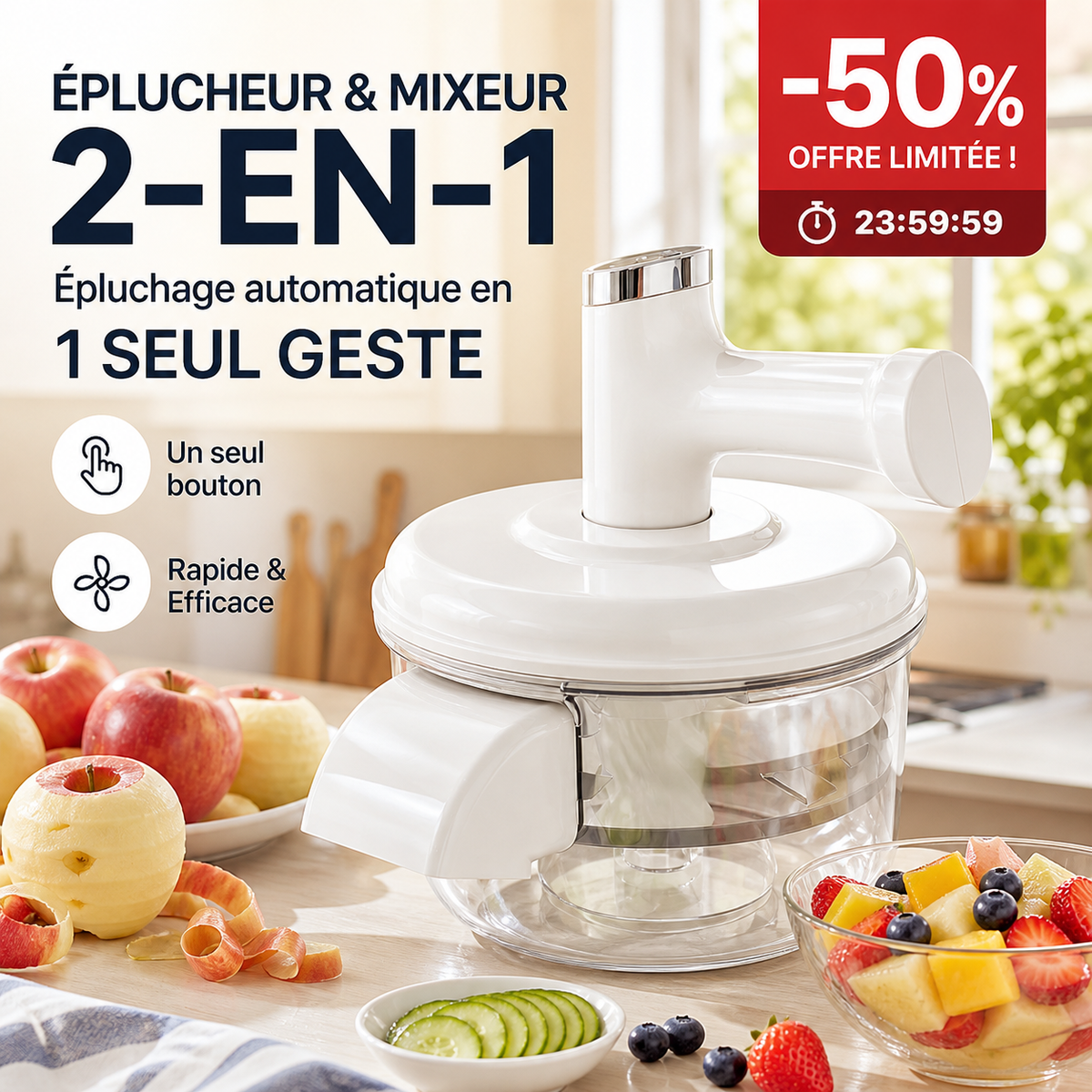 🍎50% DE RÉDUCTION ! Éplucheur et mixeur électrique de fruits et légumes - Épluchage automatique en un seul bouton, design 2-en-1 multifonction