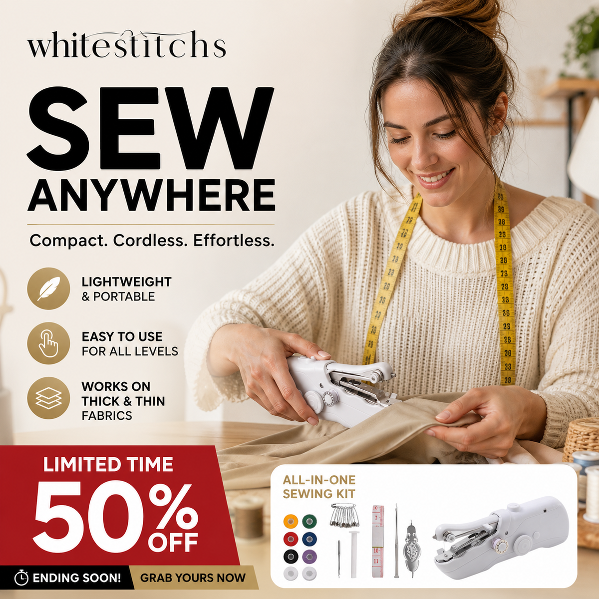 🔥PROMOTION EXCEPTIONNELLE : 50% DE RÉDUCTION !🧵 Mini machine à coudre électrique – Légère, portable et facile à utiliser ! ✨