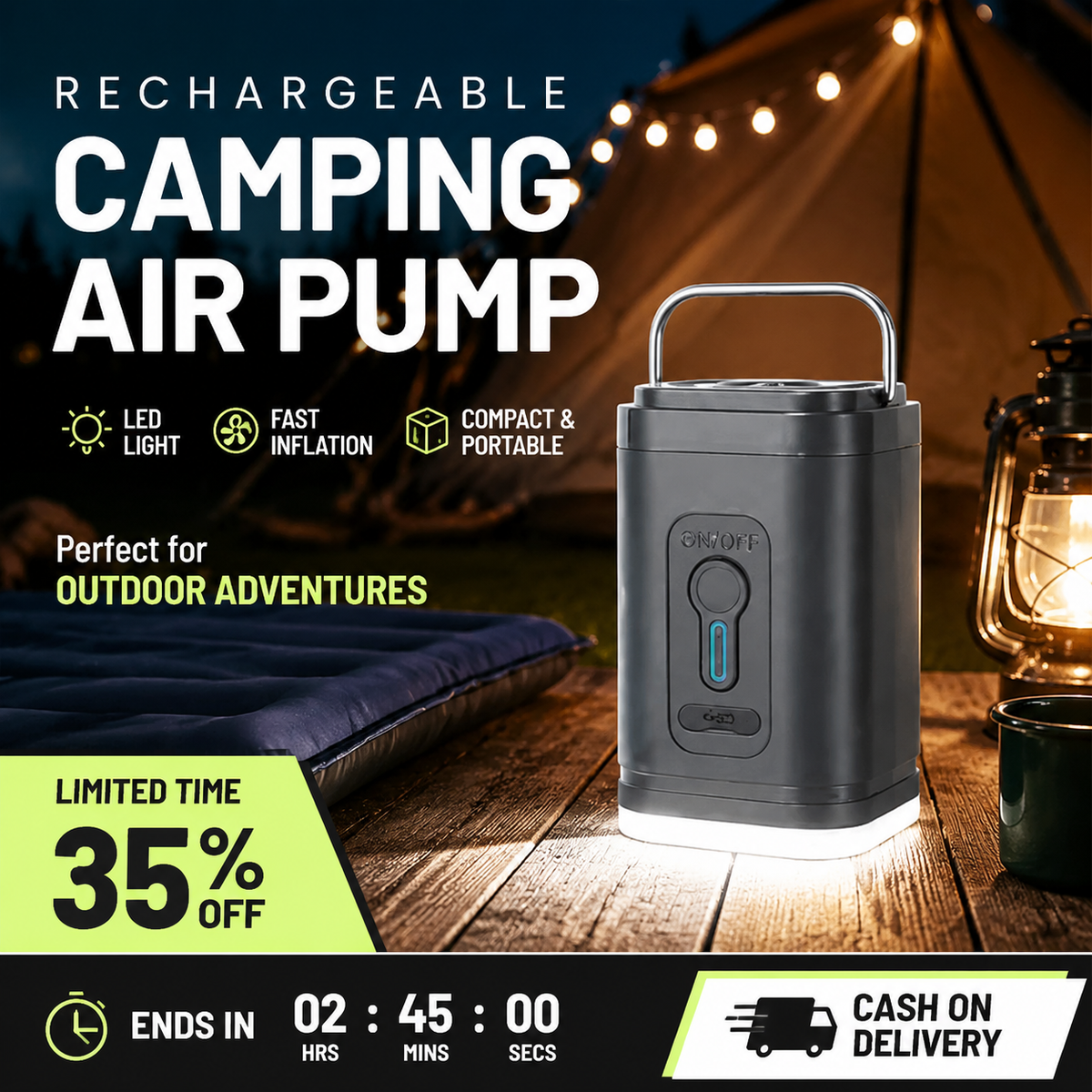 🏕️ Pompe à air rechargeable pour le camping – Éclairage LED, gonflage rapide, compacte 🔋