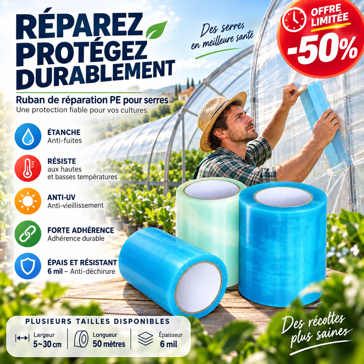 👍🌳50% DE RÉDUCTION ! Ruban de réparation étanche haute viscosité 50M, colmate les fuites pour tuyaux et toitures ✨