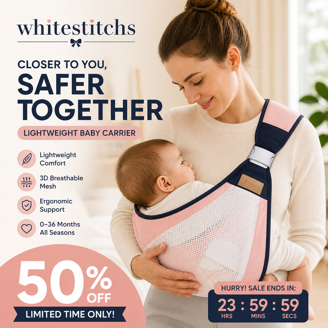 👶 50% DE RÉDUCTION! 🧸 Porte-bébé léger – Respirant, ajustable & confortable – Idéal pour les balades et les câlins en toute sécurité 🌿