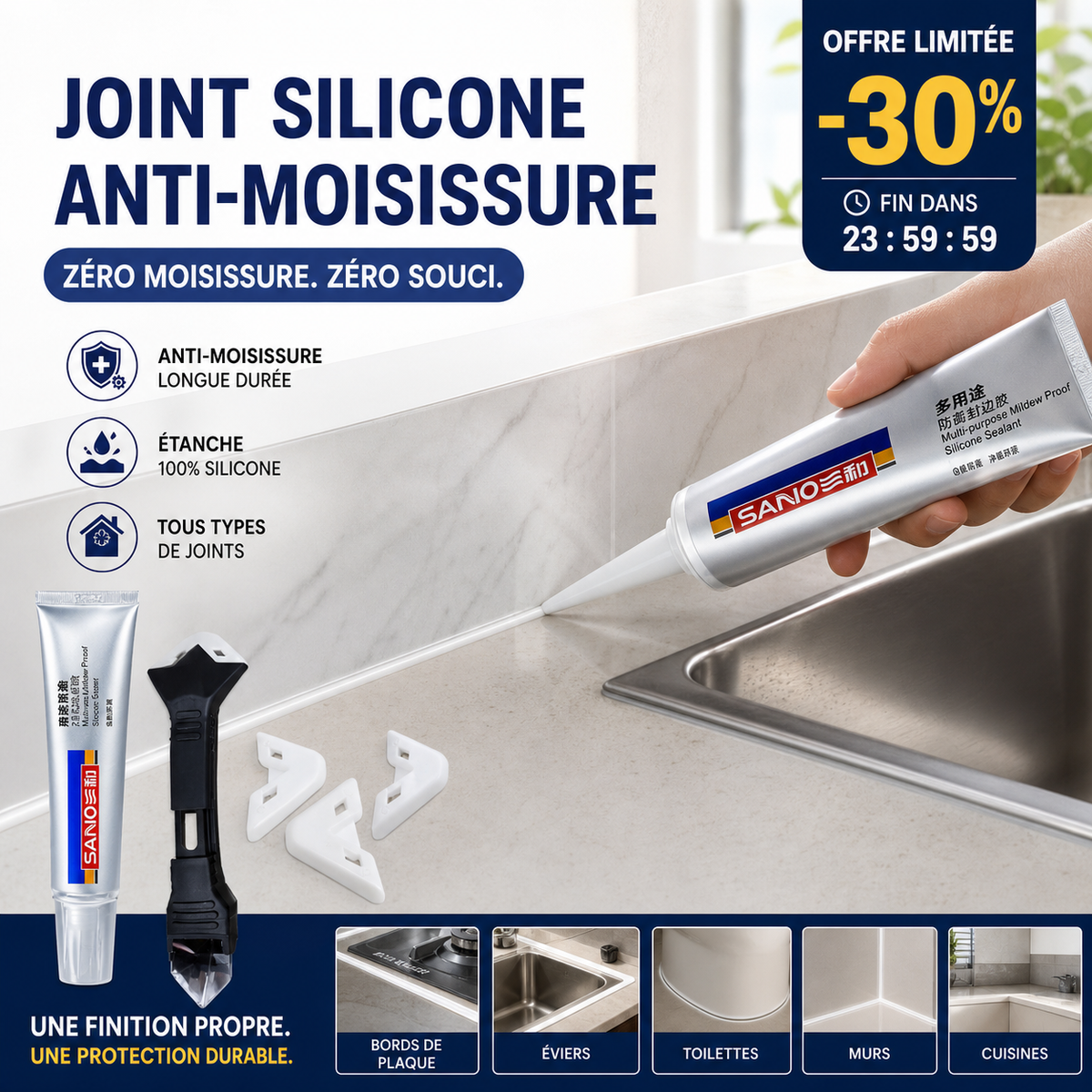 Mastic imperméable et résistant aux moisissures pour cuisine et salle de bain
