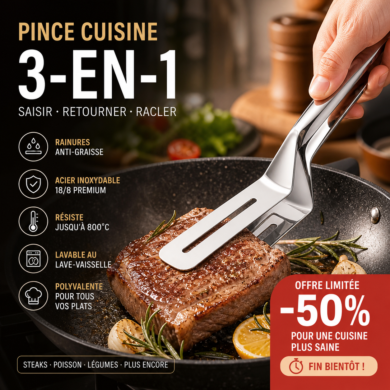 🍳🔥 Pinces de cuisine 3‑en‑1 acier inoxydable, multifonction pour steak, barbecue et cuisson