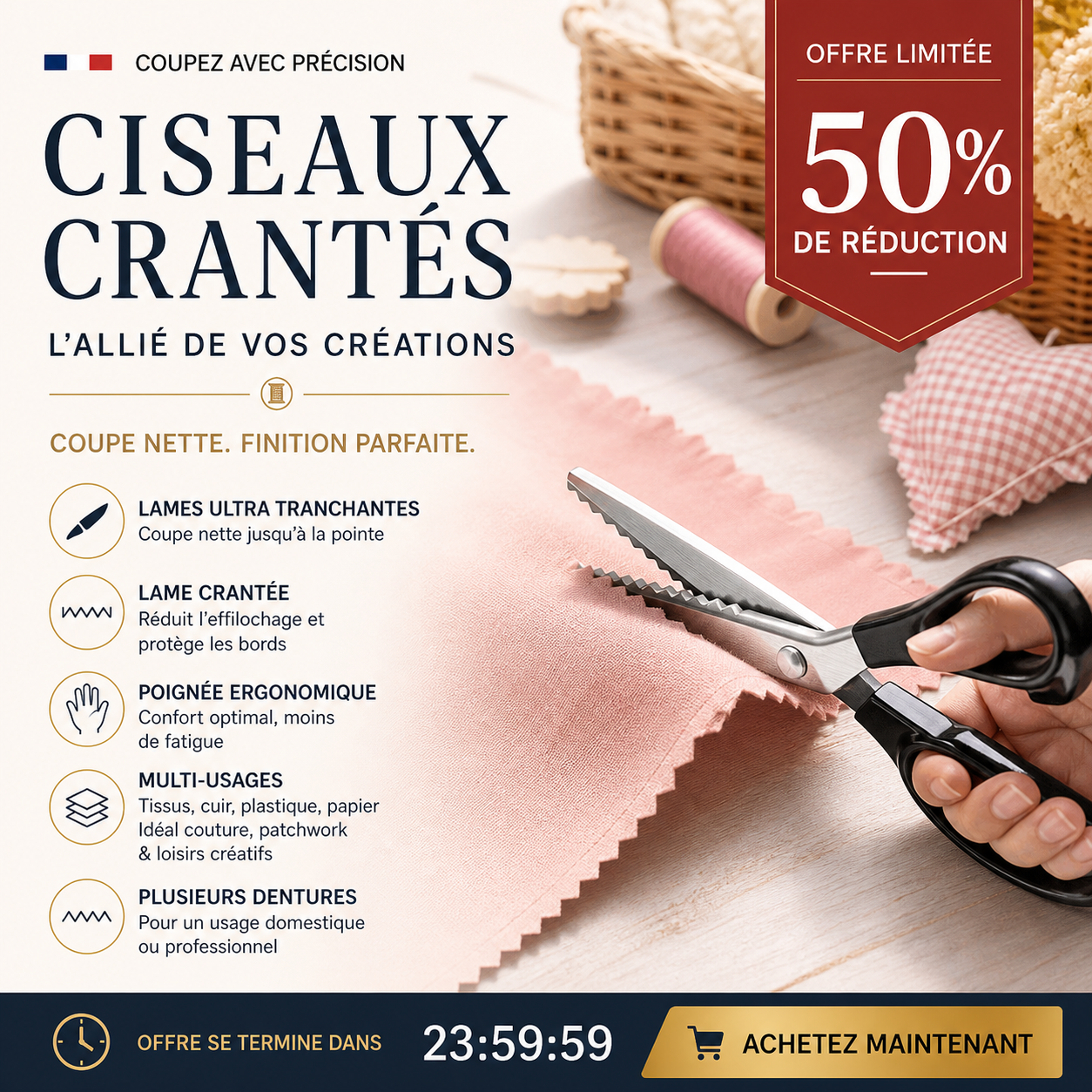 ✂️🧵 Ciseaux à bord zig-zag en acier inoxydable – Poignée ergonomique, anti-effilochage, coupez tissu, papier et cuir avec une finition propre, le couteau suisse des loisirs créatifs 🌸🎨