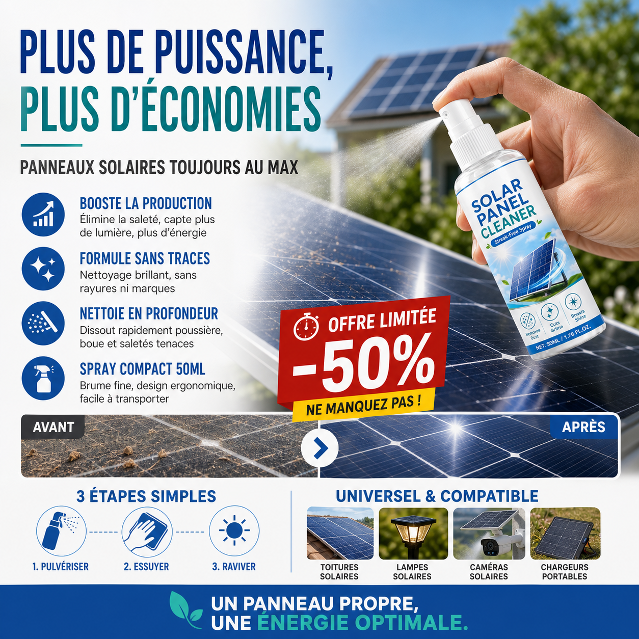 Spray nettoyant haut de gamme pour panneaux solaire