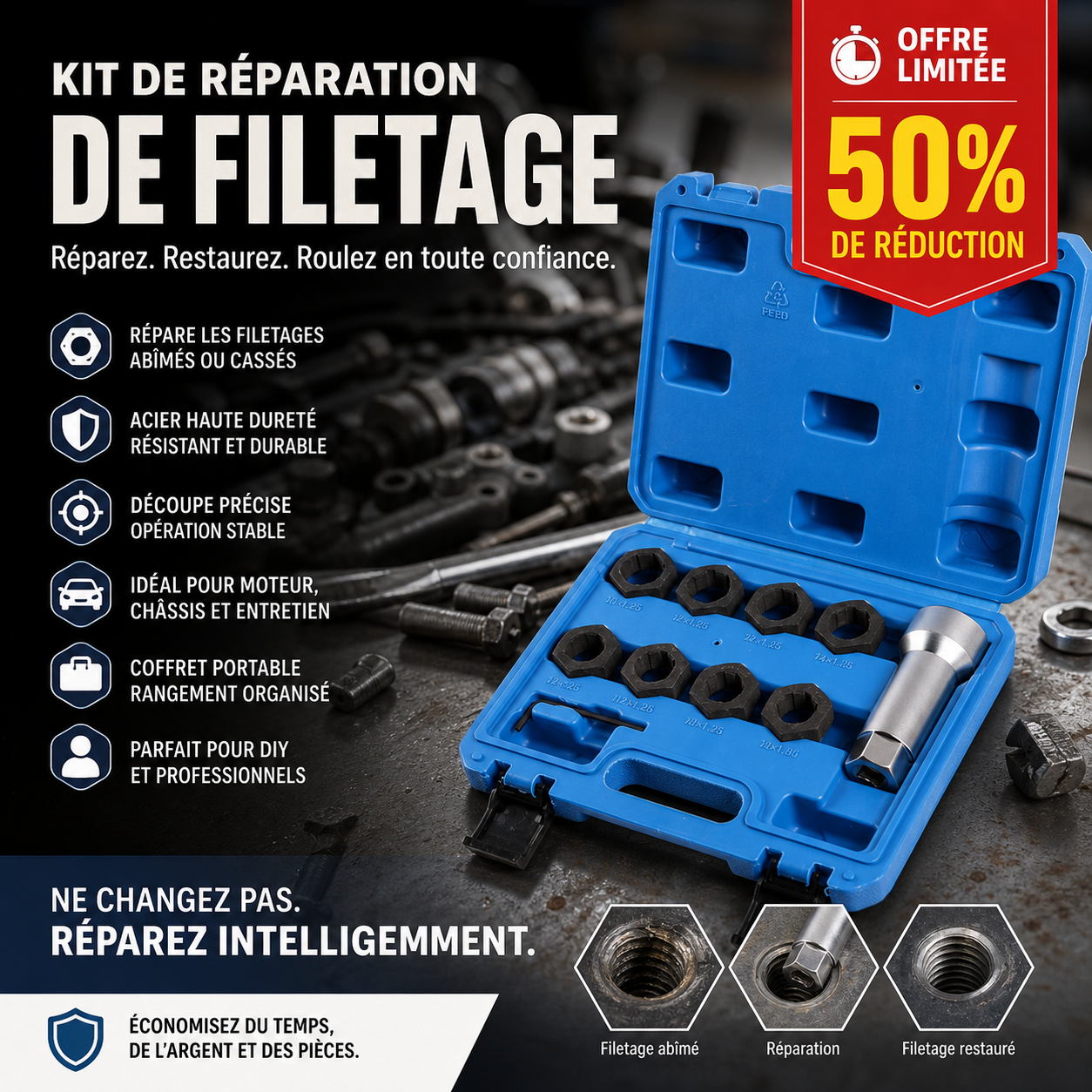 🚗 50 % DE RÉDUCTION EN CE MOMENT ! 🔧Jeu d'outils de réparation de filetages pour l'automobile✨